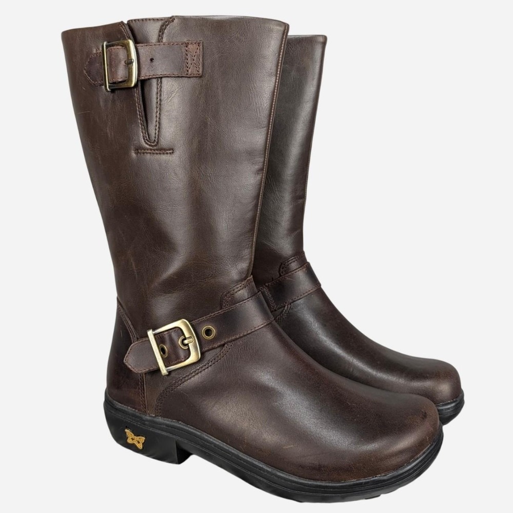 Alegria Brown Leather Moto Buckle Boots Mid Calf Side Zip EU 38 US 8-8.5